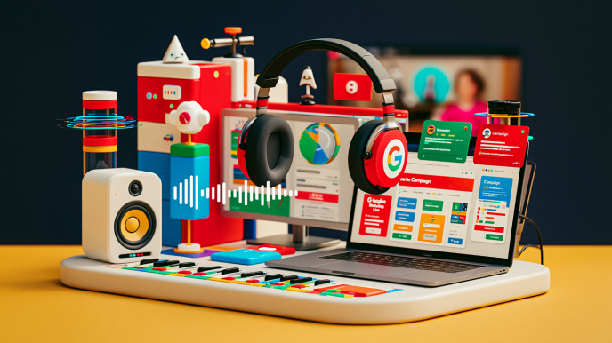 Composición editorial sobre herramientas de inteligencia artificial de Google para publicidad digital, con interfaz de anuncios, imágenes generativas y gráficos de crecimiento.